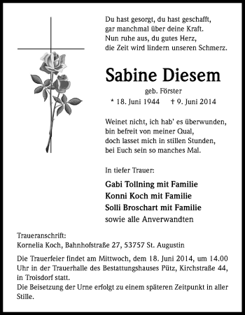 Anzeige von Sabine Diesem von Kölner Stadt-Anzeiger / Kölnische Rundschau / Express