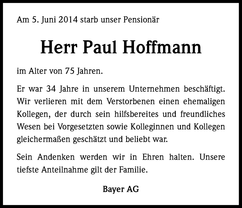  Traueranzeige für Paul Hoffmann vom 12.06.2014 aus Kölner Stadt-Anzeiger / Kölnische Rundschau / Express