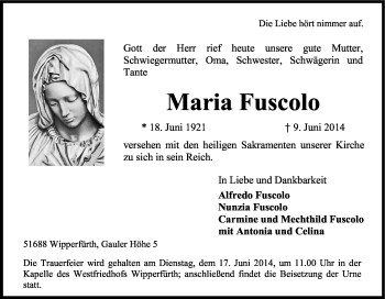 Anzeige von Maria Fuscolo von Kölner Stadt-Anzeiger / Kölnische Rundschau / Express