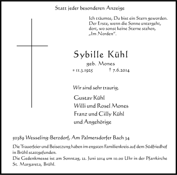 Anzeige von Sybille Kühl von Kölner Stadt-Anzeiger / Kölnische Rundschau / Express