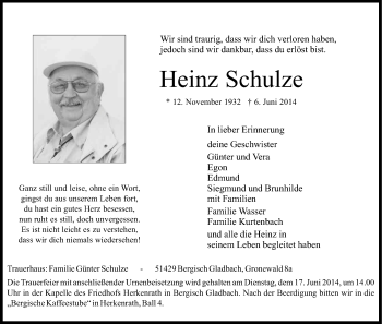 Anzeige von Heinz Schulze von Kölner Stadt-Anzeiger / Kölnische Rundschau / Express