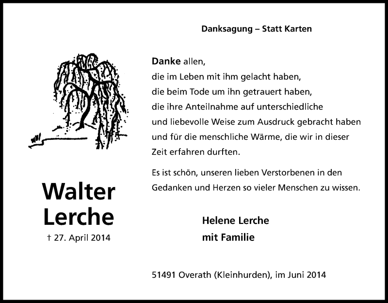  Traueranzeige für Walter Lerche vom 14.06.2014 aus Kölner Stadt-Anzeiger / Kölnische Rundschau / Express