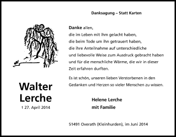 Anzeige von Walter Lerche von Kölner Stadt-Anzeiger / Kölnische Rundschau / Express