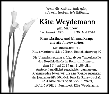 Anzeige von Käte Weydemann von Kölner Stadt-Anzeiger / Kölnische Rundschau / Express