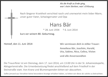 Anzeige von Hans Bär von Kölner Stadt-Anzeiger / Kölnische Rundschau / Express