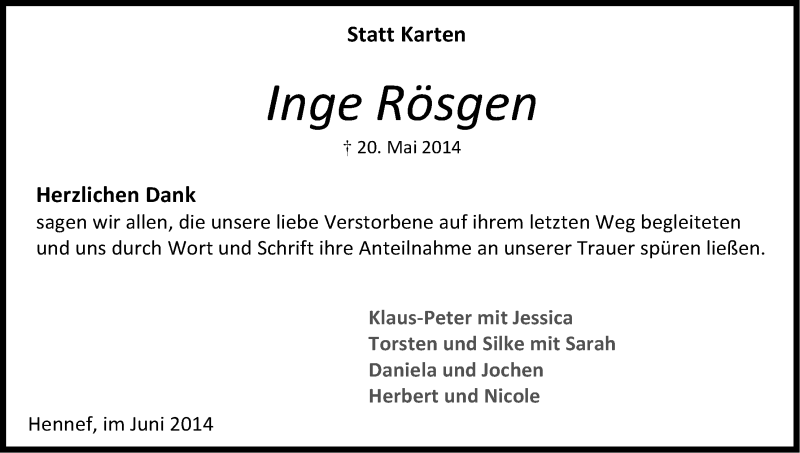  Traueranzeige für Inge Rösgen vom 21.06.2014 aus Kölner Stadt-Anzeiger / Kölnische Rundschau / Express