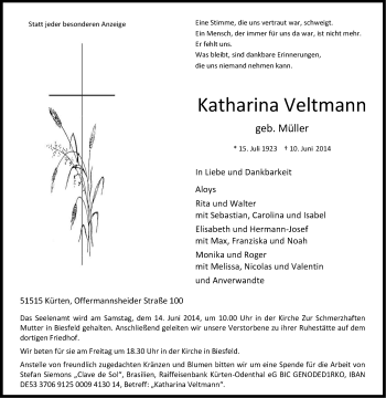 Anzeige von Katharina Veltmann von Kölner Stadt-Anzeiger / Kölnische Rundschau / Express