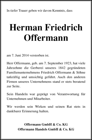 Anzeige von Herman Friedrich Offermann von Kölner Stadt-Anzeiger / Kölnische Rundschau / Express
