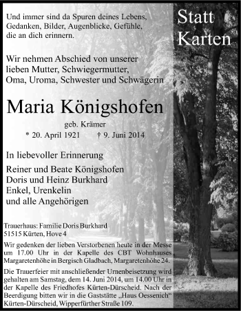 Anzeige von Maria Königshofen von Kölner Stadt-Anzeiger / Kölnische Rundschau / Express