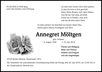 Anzeige von Annegret Möltgen von Kölner Stadt-Anzeiger / Kölnische Rundschau / Express
