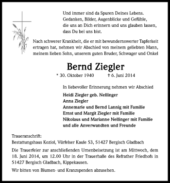 Anzeige von Bernd Ziegler von Kölner Stadt-Anzeiger / Kölnische Rundschau / Express