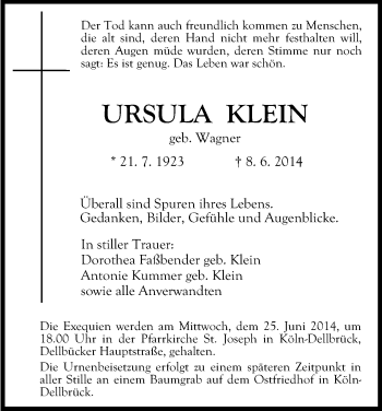 Anzeige von Ursula Klein von Kölner Stadt-Anzeiger / Kölnische Rundschau / Express