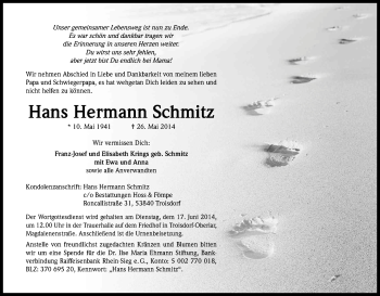 Anzeige von Hans Hermann Schmitz von Kölner Stadt-Anzeiger / Kölnische Rundschau / Express