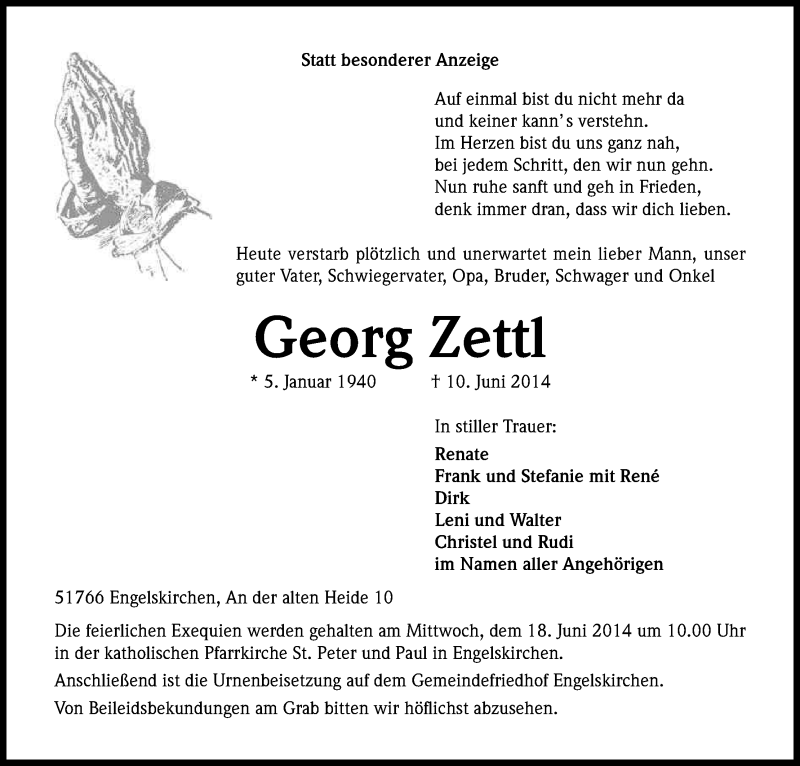  Traueranzeige für Georg Zettl vom 13.06.2014 aus Kölner Stadt-Anzeiger / Kölnische Rundschau / Express
