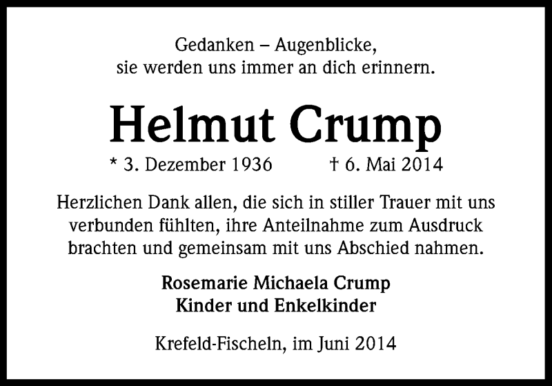  Traueranzeige für Helmut Crump vom 14.06.2014 aus Kölner Stadt-Anzeiger / Kölnische Rundschau / Express