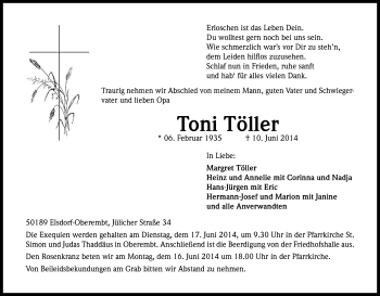Anzeige von Toni Töller von Kölner Stadt-Anzeiger / Kölnische Rundschau / Express