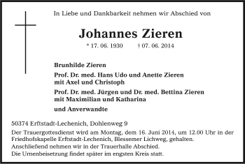 Anzeige von Johannes Zieren von Kölner Stadt-Anzeiger / Kölnische Rundschau / Express