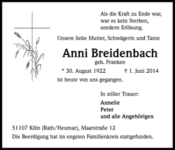 Anzeige von Anni Breidenbach von Kölner Stadt-Anzeiger / Kölnische Rundschau / Express