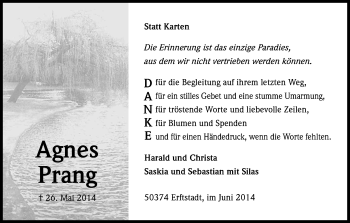 Anzeige von Agnes Prang von Kölner Stadt-Anzeiger / Kölnische Rundschau / Express
