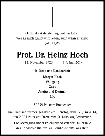 Anzeige von Heinz Hoch von Kölner Stadt-Anzeiger / Kölnische Rundschau / Express