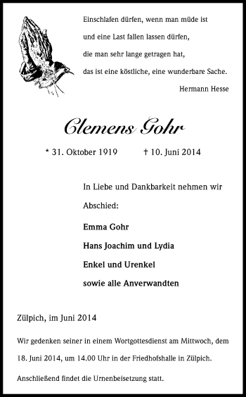 Anzeige von Clemens Gohr von Kölner Stadt-Anzeiger / Kölnische Rundschau / Express