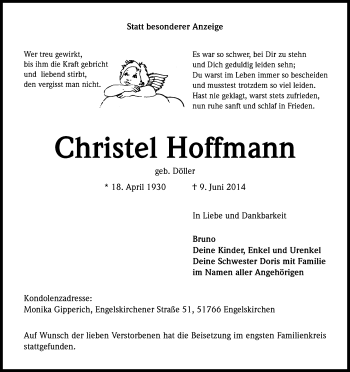 Anzeige von Christel Hoffmann von Kölner Stadt-Anzeiger / Kölnische Rundschau / Express