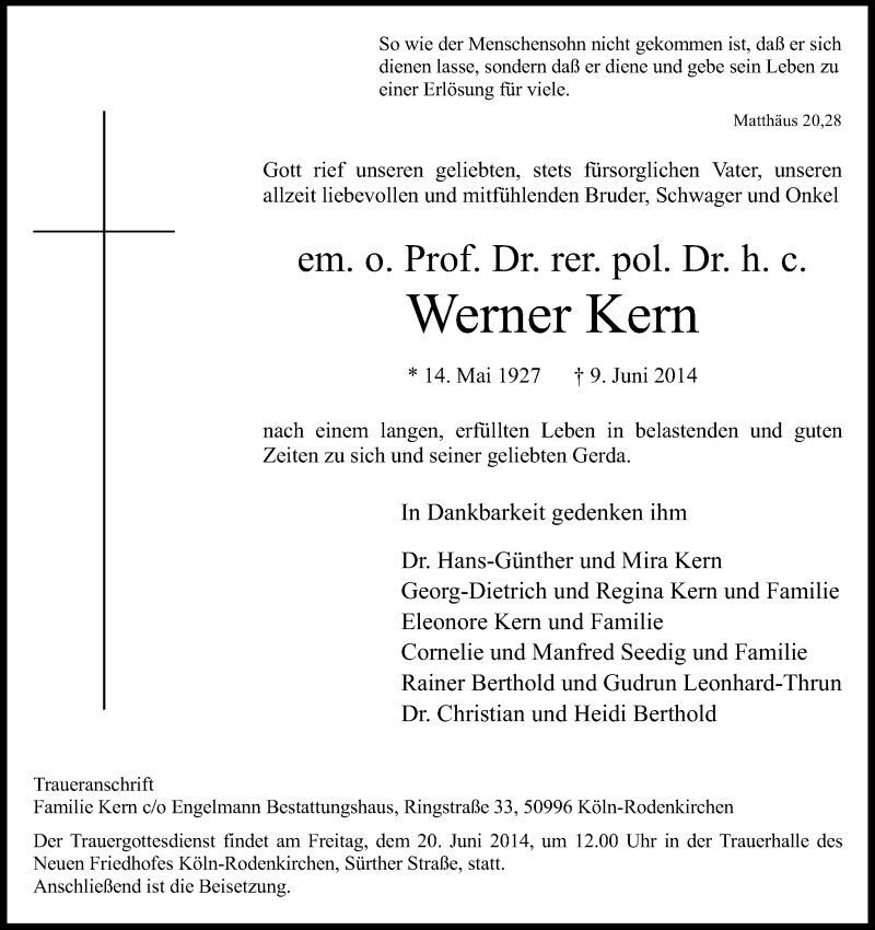 Traueranzeige für Werner Kern vom 14.06.2014 aus Kölner Stadt-Anzeiger / Kölnische Rundschau / Express