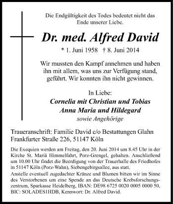 Anzeige von Alfred David von Kölner Stadt-Anzeiger / Kölnische Rundschau / Express
