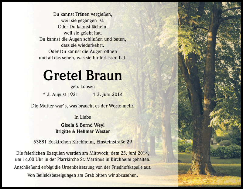  Traueranzeige für Gretel Braun vom 14.06.2014 aus Kölner Stadt-Anzeiger / Kölnische Rundschau / Express