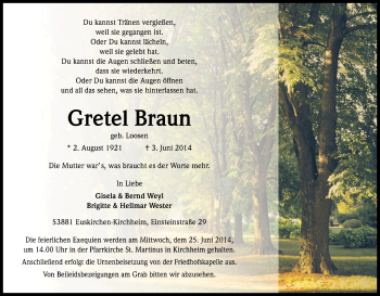 Anzeige von Gretel Braun von Kölner Stadt-Anzeiger / Kölnische Rundschau / Express