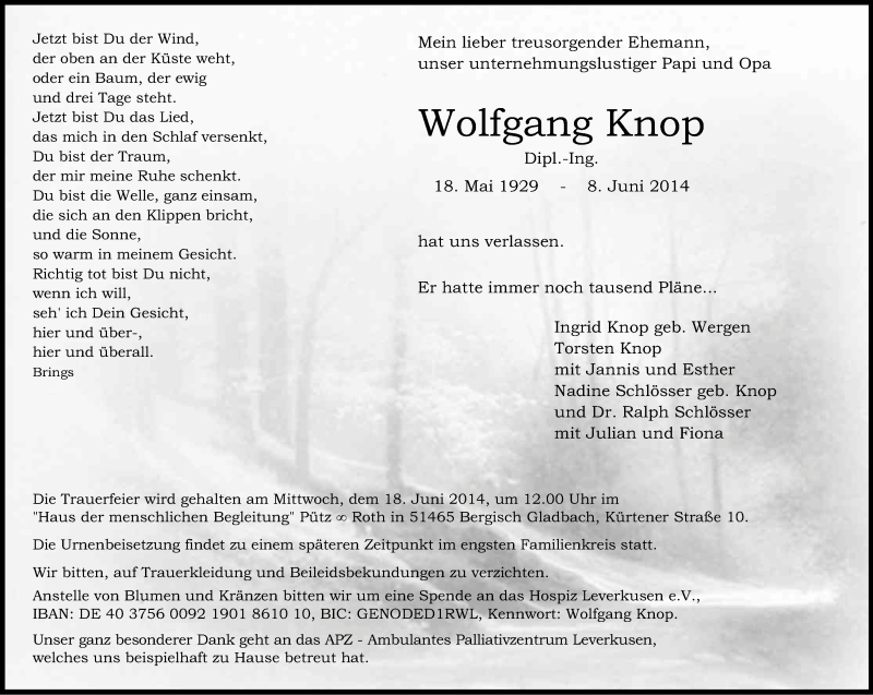  Traueranzeige für Wolfgang Knop vom 14.06.2014 aus Kölner Stadt-Anzeiger / Kölnische Rundschau / Express