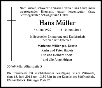 Anzeige von Hans Müller von Kölner Stadt-Anzeiger / Kölnische Rundschau / Express