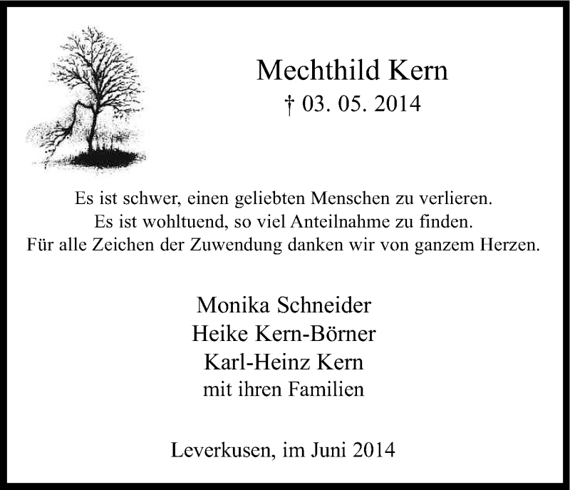  Traueranzeige für Mechthild Kern vom 14.06.2014 aus Kölner Stadt-Anzeiger / Kölnische Rundschau / Express