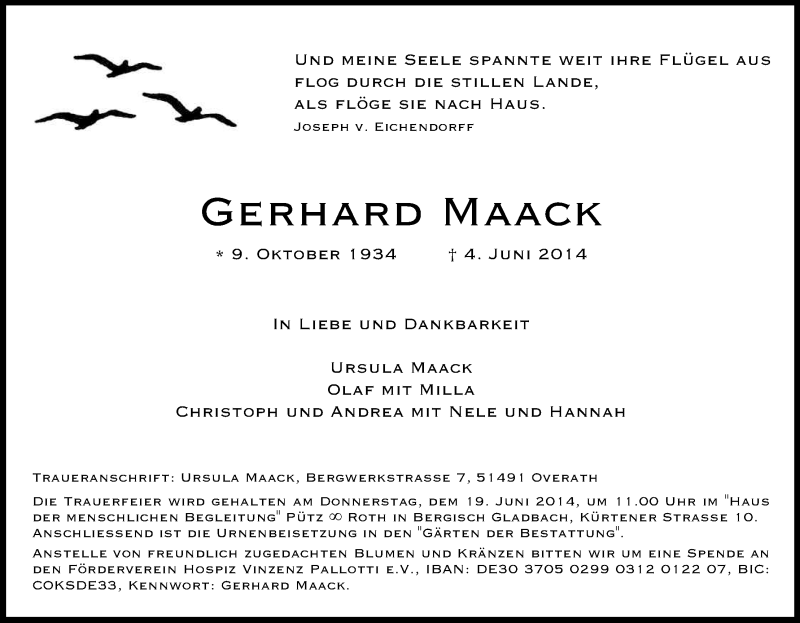  Traueranzeige für Gerhard Maack vom 14.06.2014 aus Kölner Stadt-Anzeiger / Kölnische Rundschau / Express