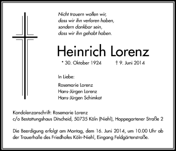 Anzeige von Heinrich Lorenz von Kölner Stadt-Anzeiger / Kölnische Rundschau / Express