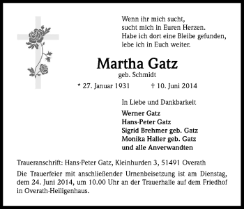 Anzeige von Martha Gatz von Kölner Stadt-Anzeiger / Kölnische Rundschau / Express