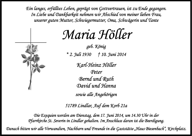  Traueranzeige für Maria Höller vom 14.06.2014 aus Kölner Stadt-Anzeiger / Kölnische Rundschau / Express