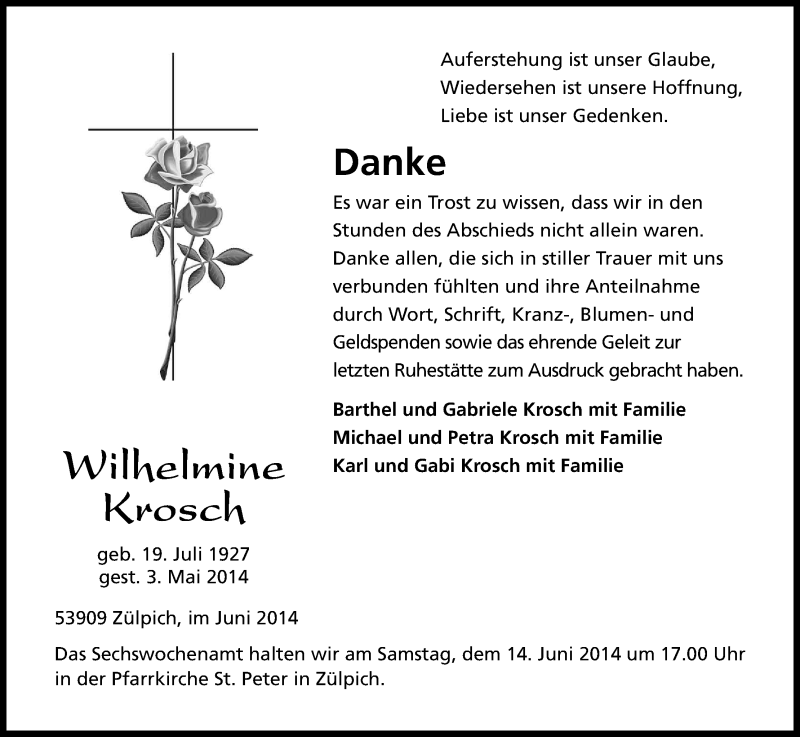  Traueranzeige für Wilhelmine Krosch vom 13.06.2014 aus Kölner Stadt-Anzeiger / Kölnische Rundschau / Express