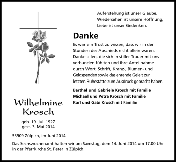 Anzeige von Wilhelmine Krosch von Kölner Stadt-Anzeiger / Kölnische Rundschau / Express