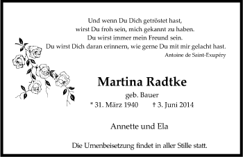 Anzeige von Martina Radtke von Kölner Stadt-Anzeiger / Kölnische Rundschau / Express