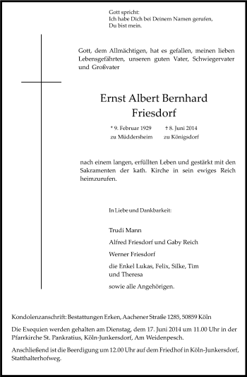 Anzeige von Ernst Albert Bernhard Friesdorf von Kölner Stadt-Anzeiger / Kölnische Rundschau / Express