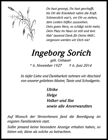 Anzeige von Ingeborg Sorich von Kölner Stadt-Anzeiger / Kölnische Rundschau / Express