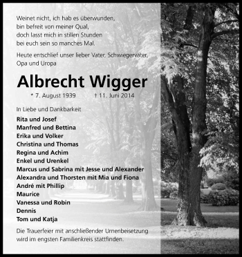 Anzeige von Albrecht Wigger von Kölner Stadt-Anzeiger / Kölnische Rundschau / Express