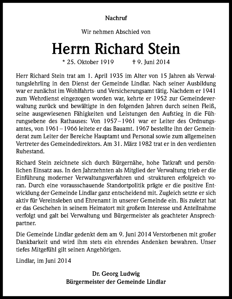  Traueranzeige für Richard Stein vom 13.06.2014 aus Kölner Stadt-Anzeiger / Kölnische Rundschau / Express