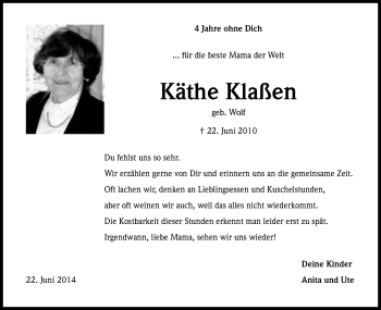 Anzeige von Käthe Klaßen von Kölner Stadt-Anzeiger / Kölnische Rundschau / Express