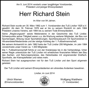 Anzeige von Richard Stein von Kölner Stadt-Anzeiger / Kölnische Rundschau / Express