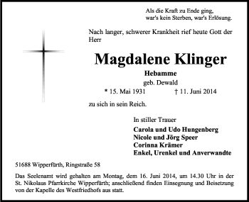 Anzeige von Magdalene Klinger von Kölner Stadt-Anzeiger / Kölnische Rundschau / Express