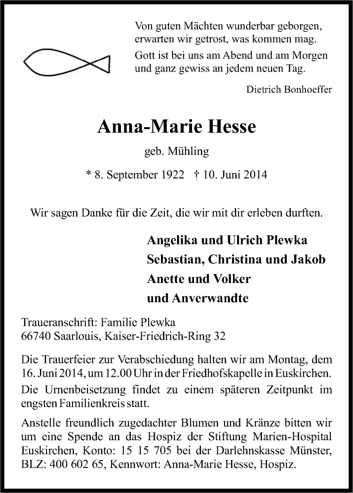  Traueranzeige für Anna-Marie Hesse vom 13.06.2014 aus Kölner Stadt-Anzeiger / Kölnische Rundschau / Express