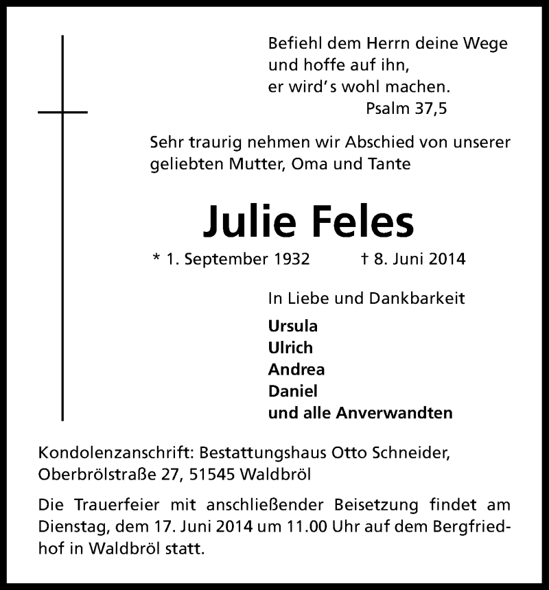  Traueranzeige für Julie Feles vom 13.06.2014 aus Kölner Stadt-Anzeiger / Kölnische Rundschau / Express