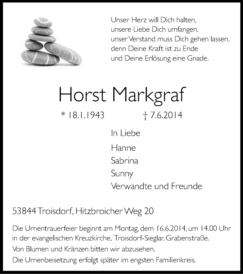  Traueranzeige für Horst Markgraf vom 14.06.2014 aus Kölner Stadt-Anzeiger / Kölnische Rundschau / Express